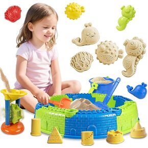 LBAIBB 25PCS Sandbox Toys Set for Toddlers 18+ Months - Easy Assemble Beach Toys with Sandbox Fence, Shovels, Molds & Bucket, No Tools Needed Outdoor Sand Play for Boys Girls in Kuwait