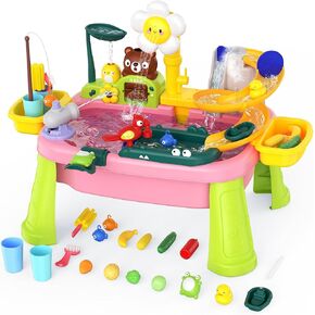 Water Table for Toddlers 1-3, Outdoor Toys for Kids Ages 4-8 with Pump, Kitchen Play Sink with Running Water, Fishing Toys Playset, Summer Outside Sand Water Sensory Activity Pool Toys Gifts, Pink in Saudi Arabia
