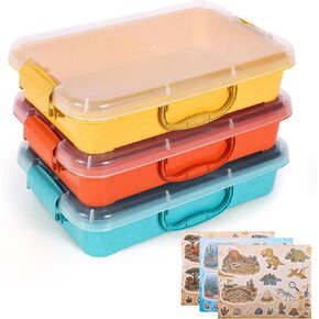 FIIOEOY 3 Pcs Sensory Bin Sand Tray with Lid & 3 Stickers, Stackable Plastic Storage Containers, Portable Sandbox, Organizers for Toys, Sand, Arts, Crafts (Blue, Green, Pink) in Kuwait