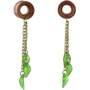 Balala 8mm-22mm Green Leaf Wood Dangle Ear Gauges Piercing Flesh Tunnels Plugs Statement Earrings in Kuwait