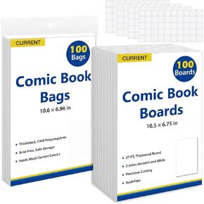 SUNEZLGO Silver Age Comic Book Bags And Boards 100 Comic Book Sleeves And 100 Comic Book Boards, Acid-Free Clear Comic Book Storage,Comic Book Backing Boards 27 pt,Thick and Coated Comic Backing Board in Kuwait