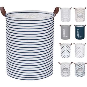 Large Laundry Hamper, Removable Laundry Basket, foldable fabric laundry basket, drawstring waterproof round cotton linen storage basket. (Blue Strips, 17.7"/Medium) in Saudi Arabia