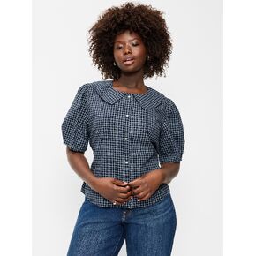 Old Navy Lapel Collar Short-Sleeve Button-Front Top - Navy Plaid in Saudi Arabia