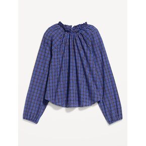Old Navy Long-Sleeve Ruffle-Neck A-Line Top - Bold Blue Plaid in Saudi Arabia