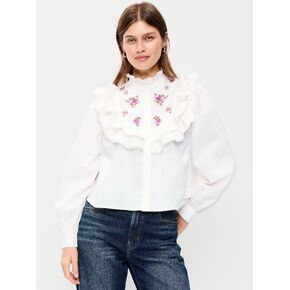 Old Navy Long-Sleeve Embroidered Ruffle-Trim Button-Front Top - Sea Salt in Saudi Arabia