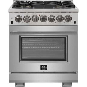 FORNO Capriasca 30 in. Dual Fuel Gas Range, 240 Volt Electric Oven Pro-Style 5 Defendi Italian Burners 100,000 BTU All 304 Stainless Steel in Kuwait