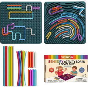 Large Sensory Activity Board, Silicone Fidget Toy for Autism, ADHD & Stress Relief, Double-Sided Quiet Montessori Fine Motor Skills Toy Gift for 3+ Kids, Adults with 36 Strips Portable Bag (Green) in Kuwait