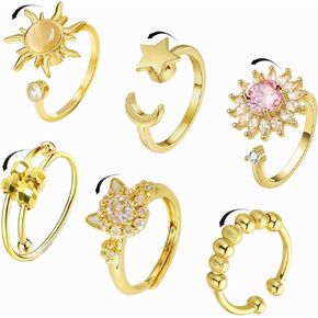 6 Pcs Fidget Anxiety Rings for Women Men Gold Adjustable Spinner Rings for Anxiety Relieving Stress Open Rotatable Cubic Zirconia Sunflower Moon Star Bead Cat Calm Rings Anti Anxiety Fidget Jewelry in Kuwait