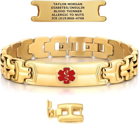 Divoti Deep Custom Laser Engraved Double Ridge Link 316L Stainless Steel Medical Alert ID Bracelet for Men with Free Engraving - Black / Blue / Red in Kuwait