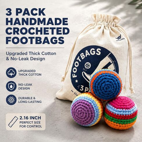 WesGen 3 Pack Handmade Crocheted Footbags, Upgraded Thick Cotton Hacky Kick Sack Balls with Ceramic and Foam Blend Fill, No-Leak Juggling Balls for Adults, Teens and Outdoor Games in Saudi Arabia