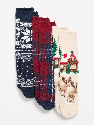 Old Navy Cozy Ankle Socks 3-Pack for Men - Xmas Medley Blue in Kuwait