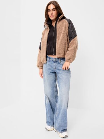 Old Navy Loose Sherpa Mixed-Media Pullover - Taupe in Kuwait