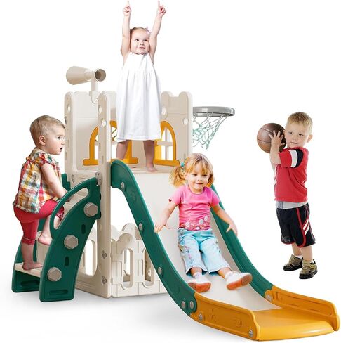 Toddler Slide for Kids with Climber Basketball Hoop, Storage Space, Telescope Kids Indoor Slide Baby Slide for Outdoor Play Upgraded Toddler Indoor Playground with Wider and Longer Slideway Upgraded in Saudi Arabia