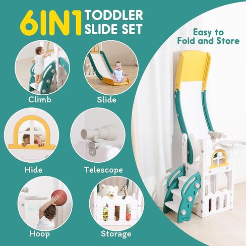 Toddler Slide for Kids with Climber Basketball Hoop, Storage Space, Telescope Kids Indoor Slide Baby Slide for Outdoor Play Upgraded Toddler Indoor Playground with Wider and Longer Slideway Upgraded in Saudi Arabia