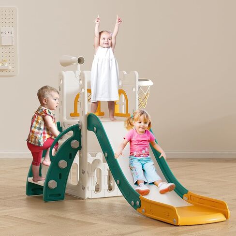 Toddler Slide for Kids with Climber Basketball Hoop, Storage Space, Telescope Kids Indoor Slide Baby Slide for Outdoor Play Upgraded Toddler Indoor Playground with Wider and Longer Slideway Upgraded in Saudi Arabia