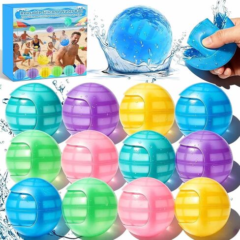 12Pcs Reusable Water Balloons, Self Sealing Quick Fill Silicone Water Toys for Kids 3-12, Summer Outdoor Water Games for Pool Beach Backyard, BPA-Free Water Splash Balls for Boys Girls Adults Family in Kuwait