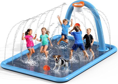 Splash Pad for Kids & Dogs, Large Sprinkler Pad Water Toys with Basketball Hoop, Thickened Non-Slip Splash Mat, Foldable Play Pool & Outdoor Summer Toys Ages 4-12 in Saudi Arabia