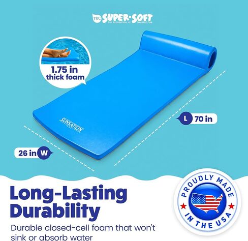 TRC Recreation Sunsation 1.75" Thick Foam Pool Float Lounger w/ Headrest for Lounging & Sunbathing in Swimming Pools, Beaches & Lakes, 70" x 26 in Kuwait