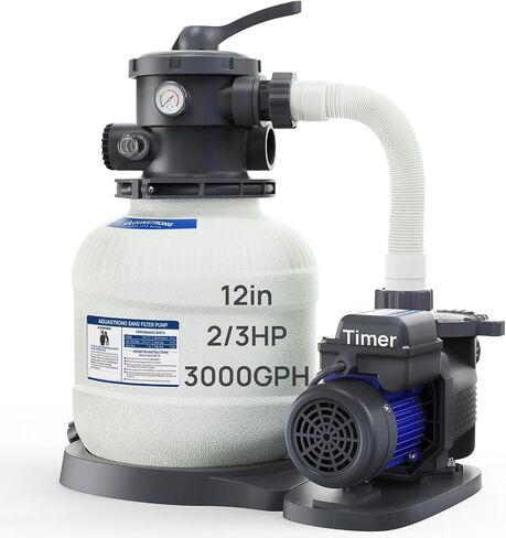 AQUASTRONG Sand Filter Pump for Above Ground Pool with Timer, 1/2 HP Pool Pumps Above Ground 2500 GPH for Pools up to 9000GAL, 12in Pool Sand Filter with 6-Way Valve, Improved Circulation & Filtration in Kuwait