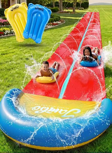 JAMBO 31.5Ft Extra Long Water Slide and 2 Bodyboards, Heavy Duty Slip Splash and Slide with Inflatable Crash Pad, Summer Water Toy Sprinkler, Backyard Outdoor Water Fun n Toys for Kids, Splash Mat in Saudi Arabia