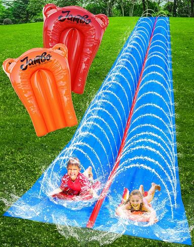 JAMBO 40FT Mega Slip Splash and Slide and 2 Bodyboards, Heavy Duty Water Slide Backyard Outdoor Water Toy for Kids with Sprinkler, Waterslide Splash Mat, Pad, Double Lane Summer Toy in Saudi Arabia