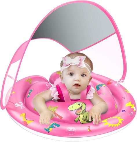 Baby Pool Float with Canopy UPF50+, 120°Adjustable Sun Protection and Anti-Tip Safety Seat, Inflatable Toddler Floaties Infant Pool Float with Animal Pool Toys, Baby Beach Essentials for 6-36M in Kuwait