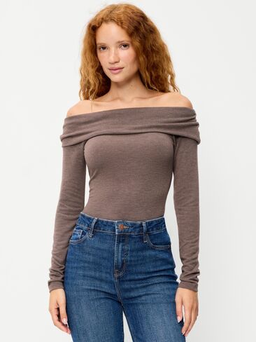 Old Navy Off-The-Shoulder Long-Sleeve Fitted Top - Earthen in Saudi Arabia