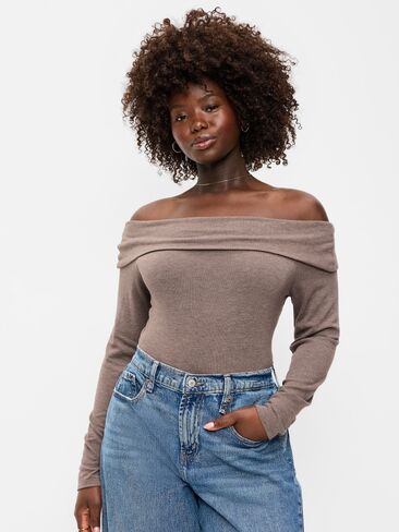 Old Navy Off-The-Shoulder Long-Sleeve Fitted Top - Earthen in Saudi Arabia