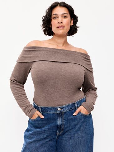 Old Navy Off-The-Shoulder Long-Sleeve Fitted Top - Earthen in Saudi Arabia