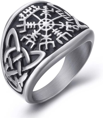 Elfasio الرجال الفولاذ المقاوم للصدأ خواتم فايكنغ فالكنوت Vegvisir القراصنة البوصلة نورس رمز خمر مجوهرات حجم 8-13 in Kuwait