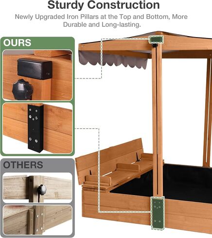 Sandbox with Lid and Cover, Outdoor Sand Box for Kids with 360° Adjustable Canopy, 2 Foldable Bench Seats & Sand Leak-Proof Liner in Kuwait