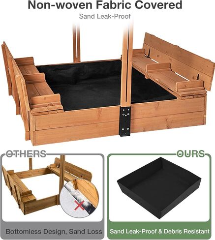 Sandbox with Lid and Cover, Outdoor Sand Box for Kids with 360° Adjustable Canopy, 2 Foldable Bench Seats & Sand Leak-Proof Liner in Kuwait