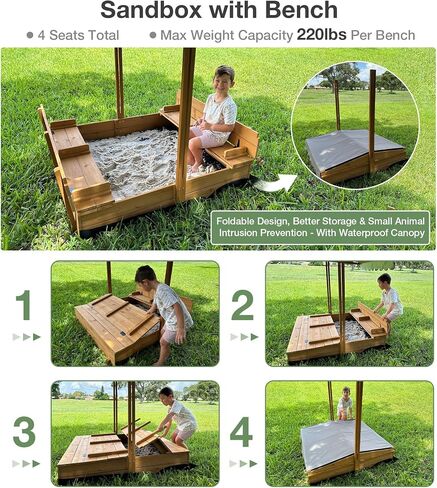 Sandbox with Lid and Cover, Outdoor Sand Box for Kids with 360° Adjustable Canopy, 2 Foldable Bench Seats & Sand Leak-Proof Liner in Kuwait
