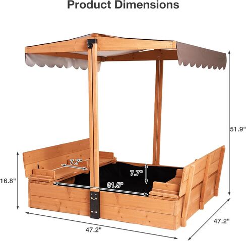 Sandbox with Lid and Cover, Outdoor Sand Box for Kids with 360° Adjustable Canopy, 2 Foldable Bench Seats & Sand Leak-Proof Liner in Kuwait