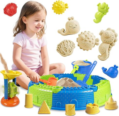 LBAIBB 25PCS Sandbox Toys Set for Toddlers 18+ Months - Easy Assemble Beach Toys with Sandbox Fence, Shovels, Molds & Bucket, No Tools Needed Outdoor Sand Play for Boys Girls in Kuwait