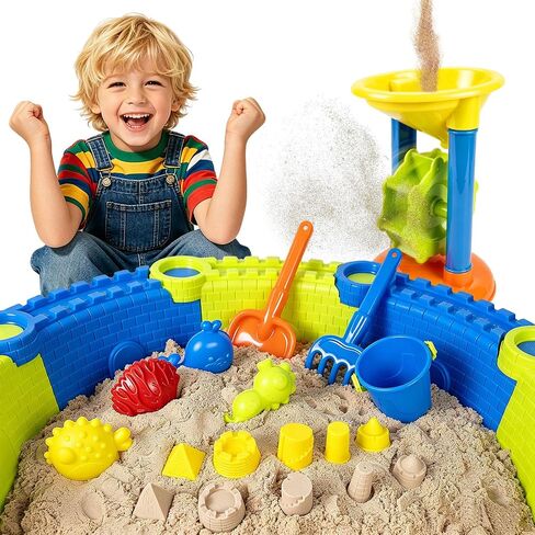 LBAIBB 25PCS Sandbox Toys Set for Toddlers 18+ Months - Easy Assemble Beach Toys with Sandbox Fence, Shovels, Molds & Bucket, No Tools Needed Outdoor Sand Play for Boys Girls in Kuwait