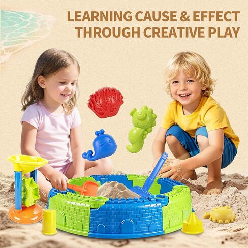 LBAIBB 25PCS Sandbox Toys Set for Toddlers 18+ Months - Easy Assemble Beach Toys with Sandbox Fence, Shovels, Molds & Bucket, No Tools Needed Outdoor Sand Play for Boys Girls in Kuwait
