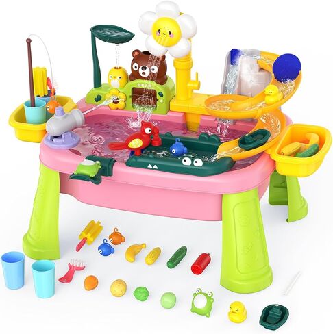 Water Table for Toddlers 1-3, Outdoor Toys for Kids Ages 4-8 with Pump, Kitchen Play Sink with Running Water, Fishing Toys Playset, Summer Outside Sand Water Sensory Activity Pool Toys Gifts, Pink in Saudi Arabia
