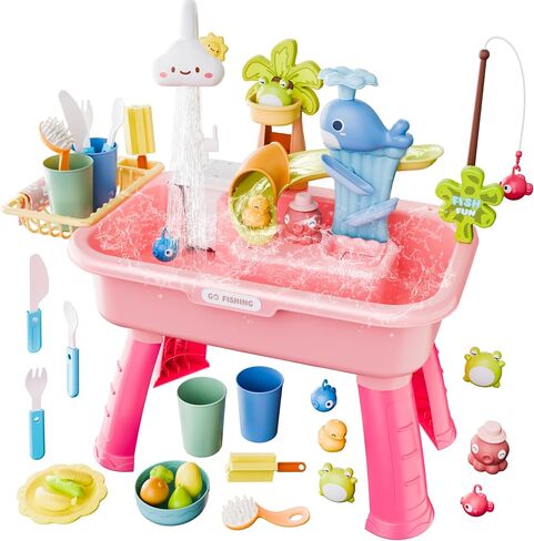 Toddler Water Table for 1-3 Year Old - Upgraded Electric Pump Water Toys, Outdoor Sensory Play Sand & Water Table, Kitchen Sink Toy with Running Water & Fishing Game, Summer Gifts for Boys Girls(Pink) in Kuwait
