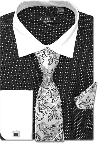 C. Allen Men's Pin Dot Pattern Regular Fit French Cuffs Dress Shirts with Tie Hanky Cufflinks Combo in Kuwait