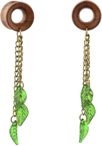Balala 8mm-22mm Green Leaf Wood Dangle Ear Gauges Piercing Flesh Tunnels Plugs Statement Earrings in Kuwait