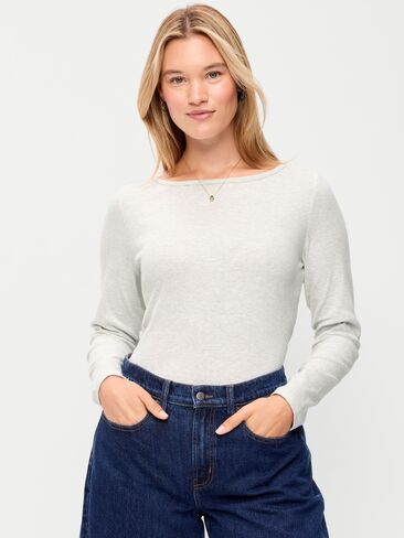 Old Navy Snug Long-Sleeve Boatneck T-Shirt - Light Gray Heather in Saudi Arabia