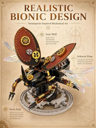 Steampunk Mechanical Beetle Building Set, Motorized V8 Engine Bionic Insect Model with Moving Iridescent Wings, Electric Steam Punk Building Blocks Kit, Collectible Display Toy for Adults & Teens in Kuwait