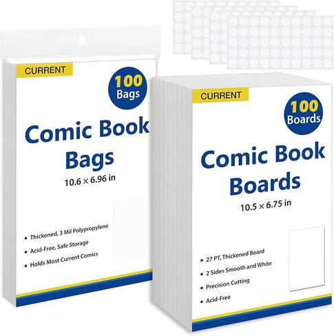 SUNEZLGO Silver Age Comic Book Bags And Boards 100 Comic Book Sleeves And 100 Comic Book Boards, Acid-Free Clear Comic Book Storage,Comic Book Backing Boards 27 pt,Thick and Coated Comic Backing Board in Kuwait