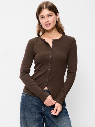 Old Navy Snug Long-Sleeve Button-Front Ribbed Top - Earthen in Saudi Arabia