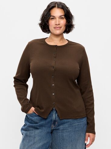 Old Navy Snug Long-Sleeve Button-Front Ribbed Top - Earthen in Saudi Arabia