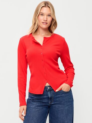 Old Navy Snug Long-Sleeve Button-Front Ribbed Top - Scotty Red in Saudi Arabia