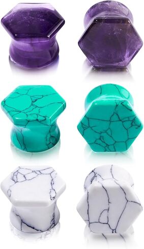 Qmcandy 6pcs Mixed Stone Ear Plugs Tunnels Saddle Expander Body Piercing Set Gauge 2g-5/8 inch in Kuwait