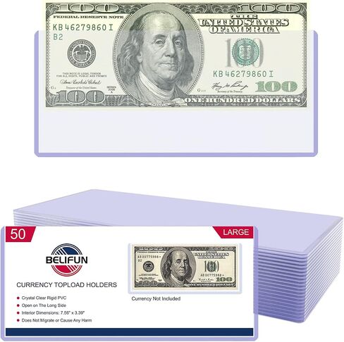 50ct Regular Currency Topload Holders - Banknote toploaders, Dollar Bill Display Holders for Collectors, Currency Sleeves Holder Protector for Regular Bills, Clear Paper Money Top Loader Holders in Kuwait