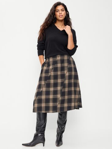 Old Navy Plaid Midi Skirt - Black Plaid in Kuwait
